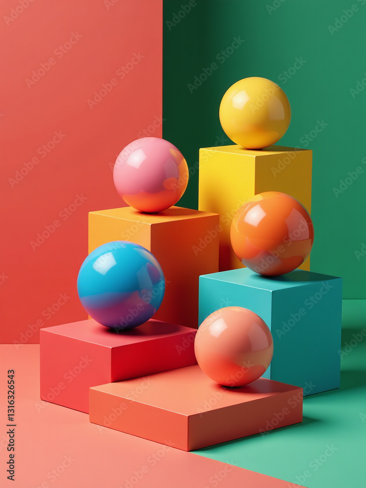 Colorful Geometric Shapes Of Smooth And Shiny Spheres Are Illustrated On Stepped Square Platforms Against A Vibrant Red And Green Background. Colorful Geometric Shapes Of Smooth And Shiny Spheres Are Illustrated On Stepped Square Platforms Against A Vibrant Red And Green Background.