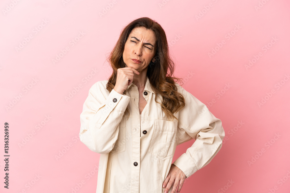 Middle aged caucasian woman isolated on pink background having doubts and thinking Middle aged caucasian woman isolated on pink background having doubts and thinking