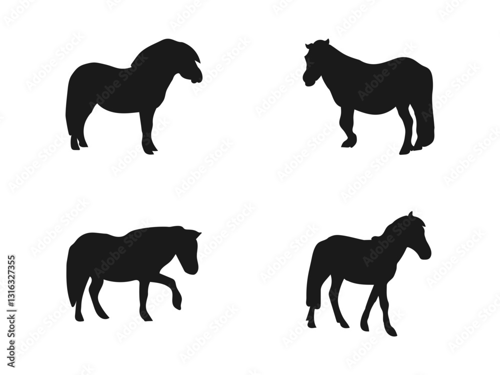 Naklejka premium Silhouette of a pony. Pony grazing in the meadow. Vector illustration of a black silhouette of a Shetland pony isolated. Vector illustration isolated on a white background.
