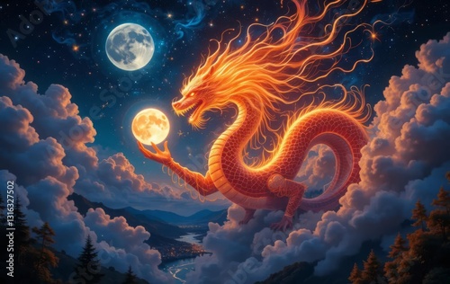 An abstract portrait of a celestial fire dragon holding a moon in its paw, with a forest, river, and city in the background.
