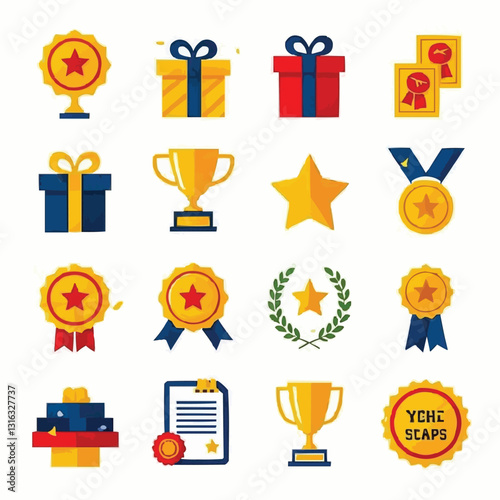 Award icons, achievement symbols, trophy, medal, gift box, celebration, star, ribbon, prize, podium,