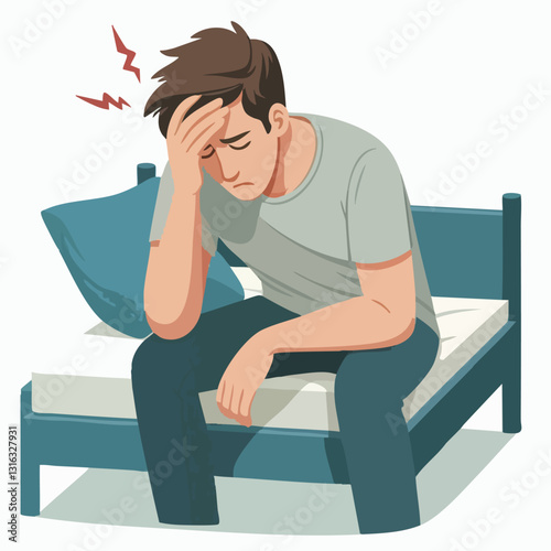 Vector of a person having a headache in bed
