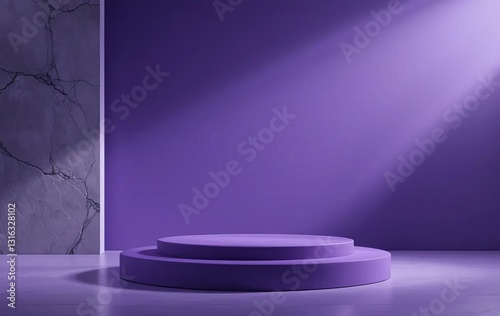 A podium with purple lighting and a product displayed on top