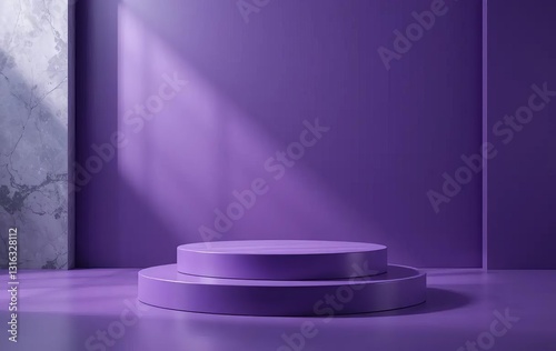 A podium with purple lighting and a product displayed on top
