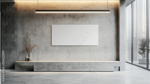 Blank Canvas Mockup On Grey Concrete Wall In Modern Office