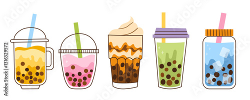 Set of Bubble Milk Tea Illustration. Delicious Tapioca Pearl Drinks Beverages. Hand drawn colored trendy Isolated vector.