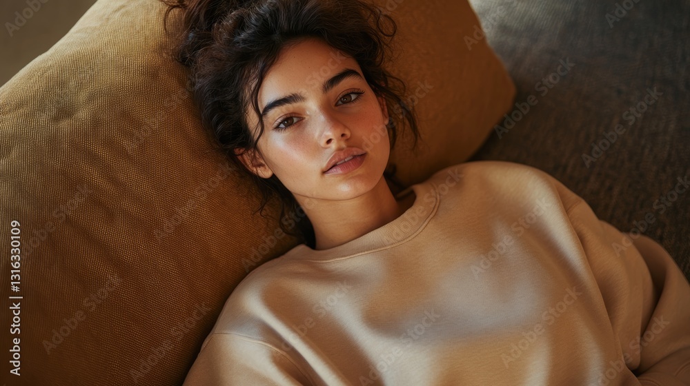 Relaxed model in sweatshirt on cushion 