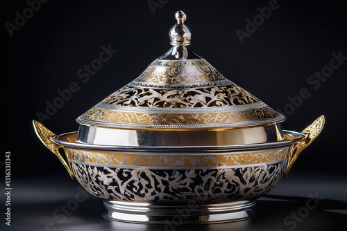 A luxurious gold and silver-plated tagine for special occasions, cut out.