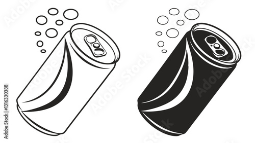 Black and white soda can vector illustration – minimalistic soft drink can icon, outline and solid style aluminum beverage can drawing, isolated on white background
