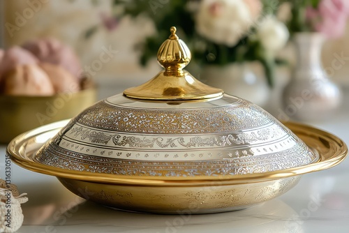 A luxurious gold and silver-plated tagine for special occasions, cut out.