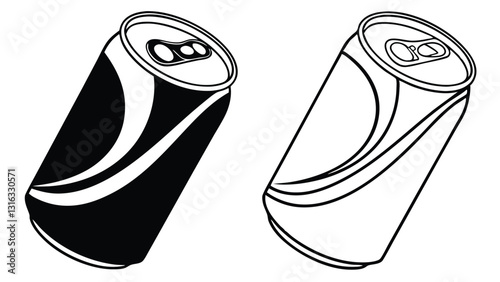 Black and white soda can vector illustration – minimalistic soft drink can icon, outline and solid style aluminum beverage can drawing, isolated on white background
