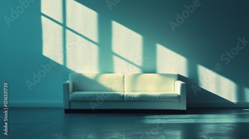 Sofa in room with light streaming through window, creating shadows