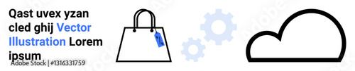 Shopping bag with tag, cloud icon, and gear wheels highlighting e-commerce, cloud computing, automation. Ideal for technology, retail, web services, digital transformation innovation efficiency