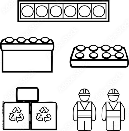 A series of simple line drawings depicting recycling bins, workers, and recycling symbols.