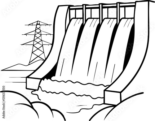 A simple illustration of a dam with water flowing over it, showcasing power lines in the background.