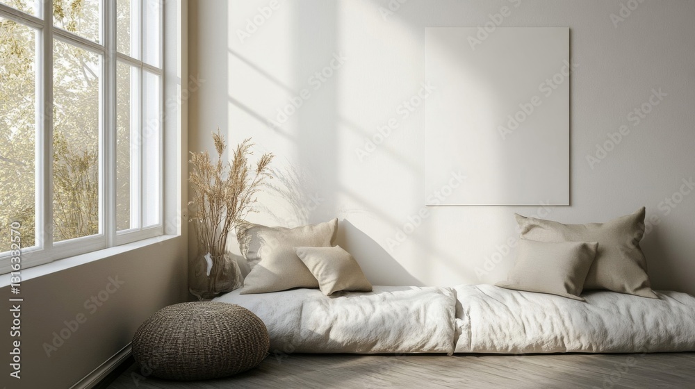 Fototapeta premium Bright Minimalist Room Decor with Beige Pillows and Sunlight