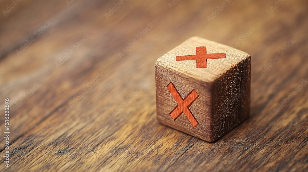 Obraz premium Wooden Cube with Red Marks on Rustic Wooden Surface