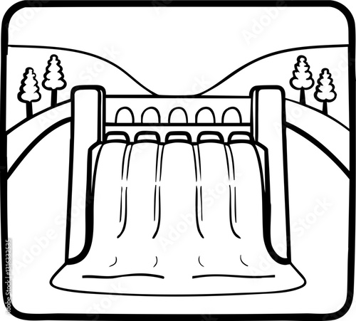 A simple illustration of a dam with flowing water, surrounded by hills and trees, depicting a serene natural landscape.