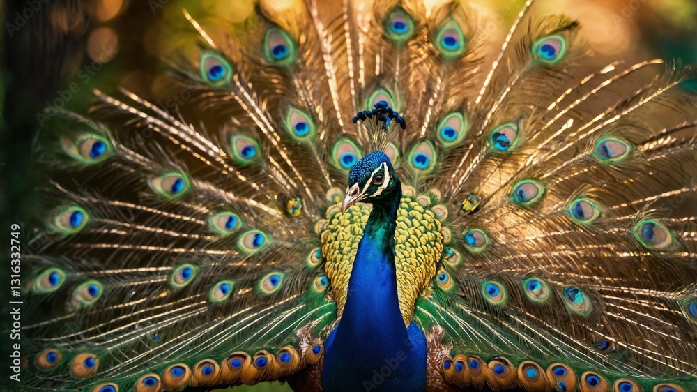 Obraz premium A peacock with its feathers shimmering in the golden spring light.