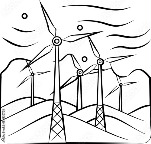 A line drawing of wind turbines situated on rolling hills, depicting a scene of renewable energy and natural landscapes.