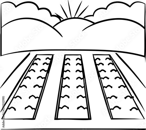 A minimalist landscape depicting furrowed fields under a sunlit sky, symbolizing agriculture and growth.