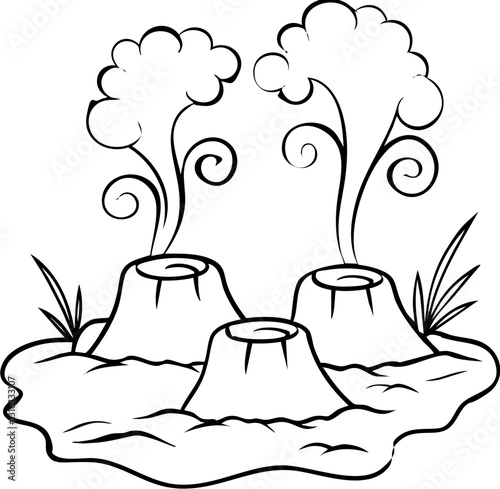 Three volcanic mounds emitting steam, surrounded by grass, depicted in a simple, cartoonish style.