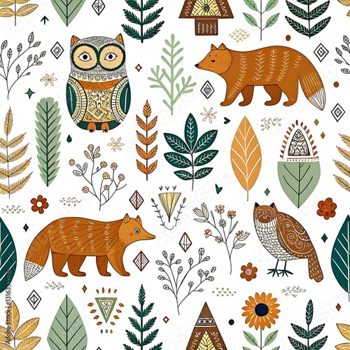 Autumn woodland animals seamless pattern design with owls and foxes art cute boho folk birds style photo