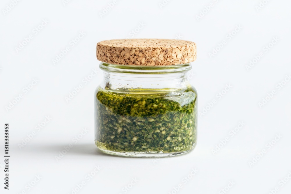 Glass jar filled with fresh homemade pesto against light background capturing vibrant green hue and appetizing texture Glass jar filled with fresh homemade pesto against light background capturing vibrant green hue and appetizing texture