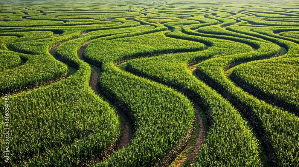 Sugarcane Maze: Aerial View of Winding Paths Through a Vast Green Plantation Sugarcane Maze: Aerial View of Winding Paths Through a Vast Green Plantation