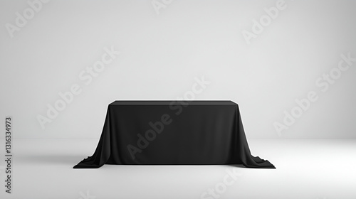 Black Tablecloth draped over a rectangular table and isolated. 3D render illustration for mockups. Front View.