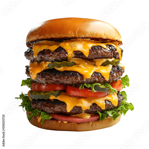 Double Smashed Burger Stack Cheeseburger Isolated on Transparent Background