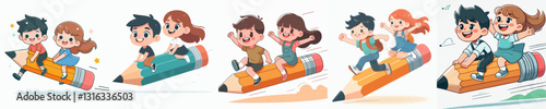Vector illustration of a child riding a flying pencil