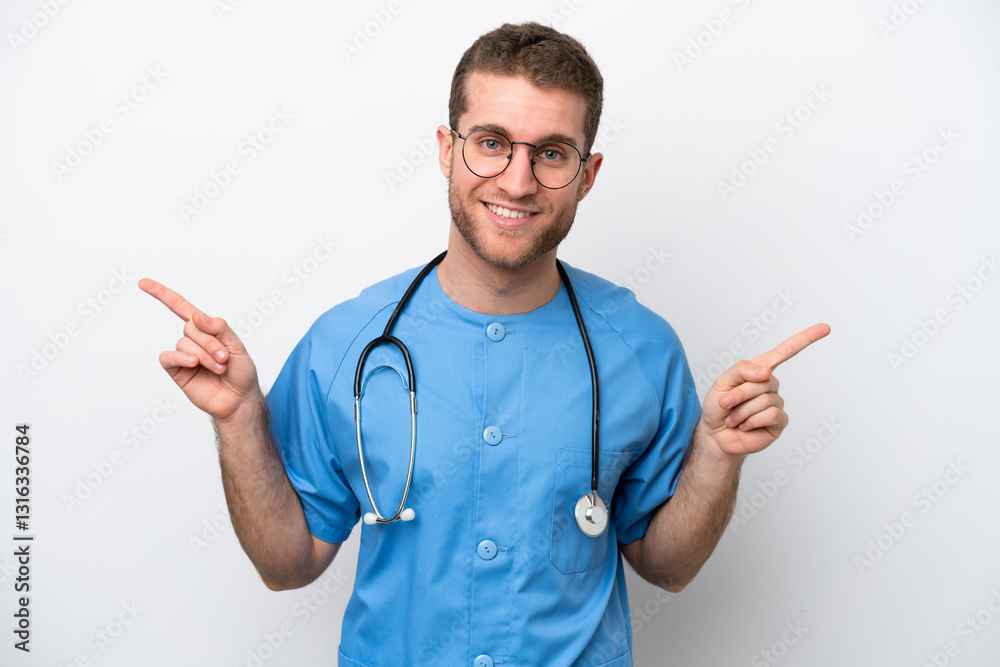 Young surgeon doctor caucasian man isolated on white background pointing finger to the laterals and happy Young surgeon doctor caucasian man isolated on white background pointing finger to the laterals and happy