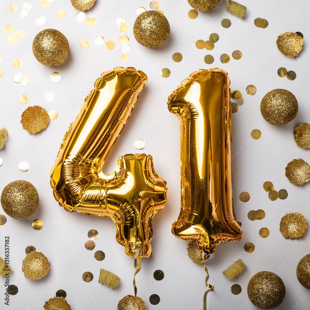 Fototapeta premium Gold balloon number 41 for forty-first birthday or anniversary party. White background with confetti