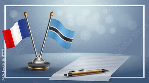 France and Botswana National flags on small table with bokeh background, cooperative relationship. Template vector Illustration