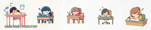 Vector of a child falling asleep while studying