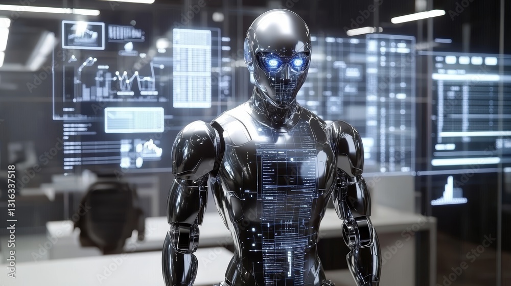 Metallic Robot in Futuristic Office with Data Visuals Metallic Robot in Futuristic Office with Data Visuals