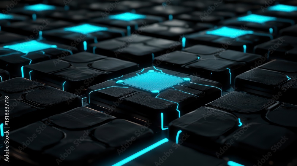 Fototapeta premium Digital Cubes: A close-up captures a futuristic grid composed of dark, textured cubes, some emitting a vibrant cyan glow, creating a captivating interplay of light and shadow. 