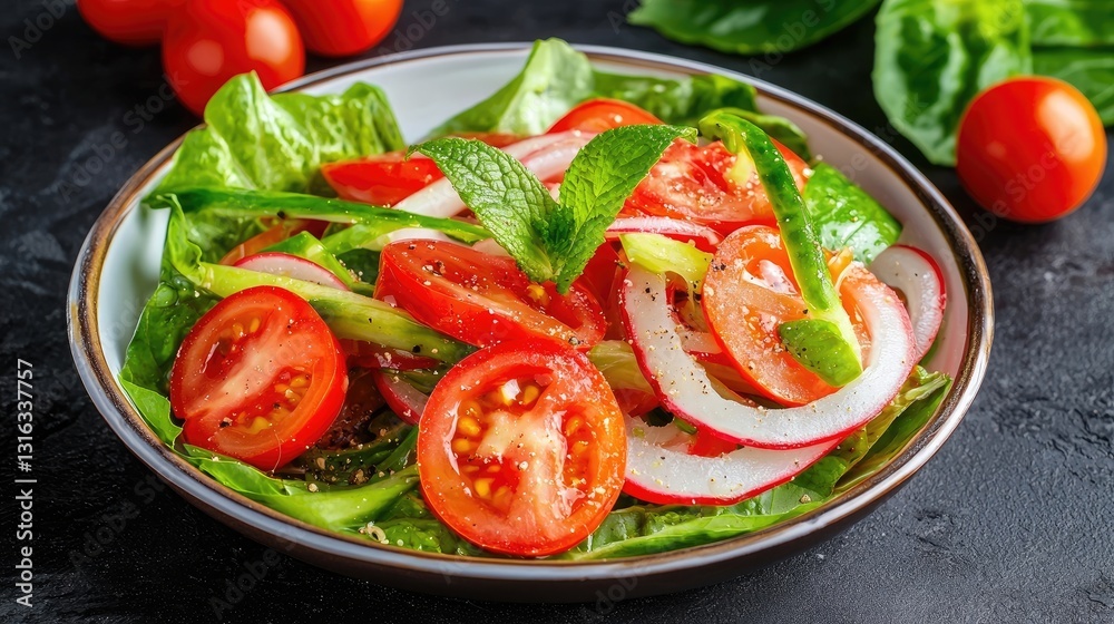 Vibrant Fresh Salad Featuring Ripe Red Tomatoes, Crisp Green Vegetables, And Fresh Herbs in a Bowl on a Dark Surface Vibrant Fresh Salad Featuring Ripe Red Tomatoes, Crisp Green Vegetables, And Fresh Herbs in a Bowl on a Dark Surface