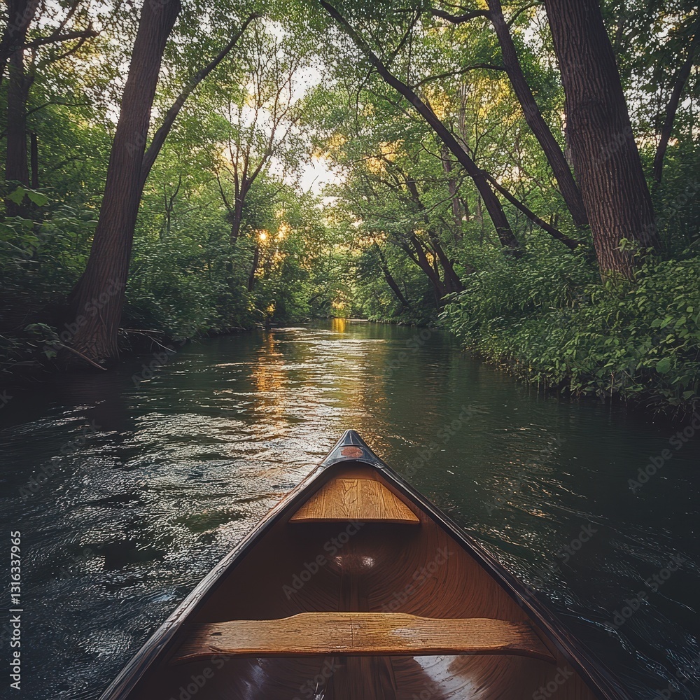 Fototapeta premium Serene river view from a canoe in lush greenery.
