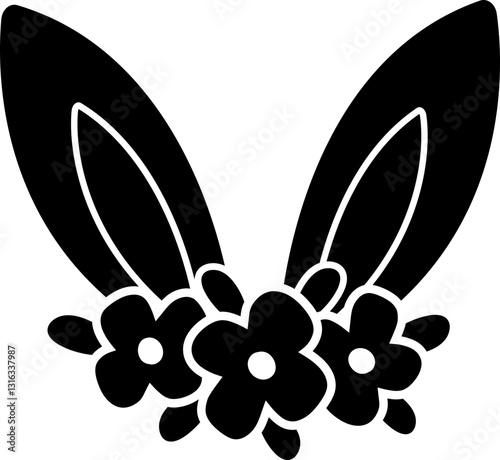 bunny ears and flowers silhouette flat vector isolated.
spring easter  design.
Transparent background.