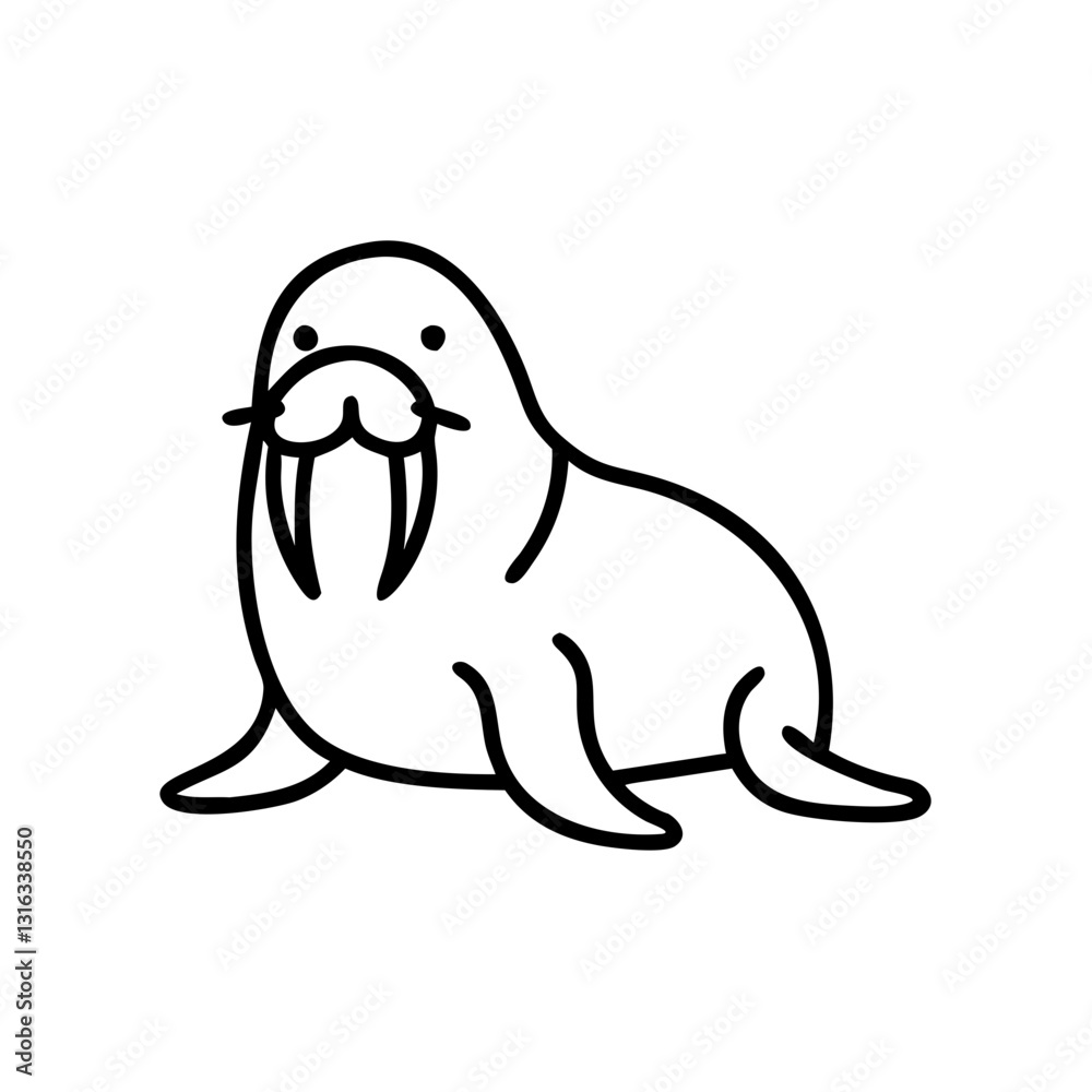 Fototapeta premium Walrus icon showing relaxation on land, black outline, modern design