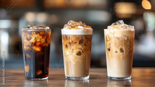 A symphony of iced beverages: a refreshing iced coffee, a frothy iced cappuccino, and yet another iced coffee, a testament to the versatility of this beloved cold brew.