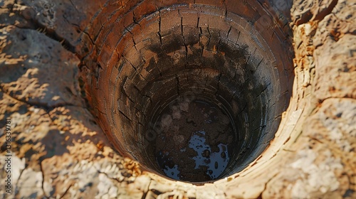 An image of an empty water well, showing the dry bottom and worn sides.