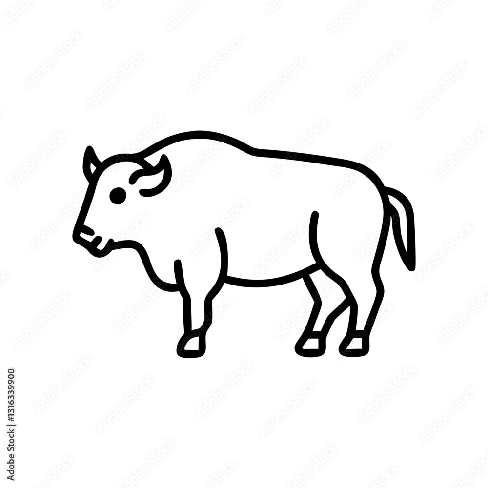 Bison icon standing confidently, represents strength and power, black outline, modern design Bison icon standing confidently, represents strength and power, black outline, modern design