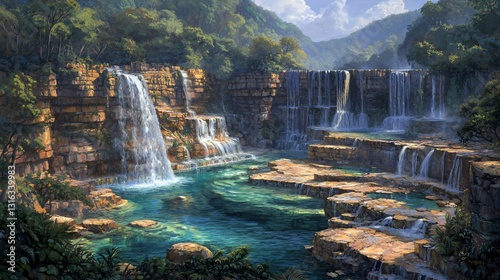 Serene Waterfall Landscape with Lush Green Foliage