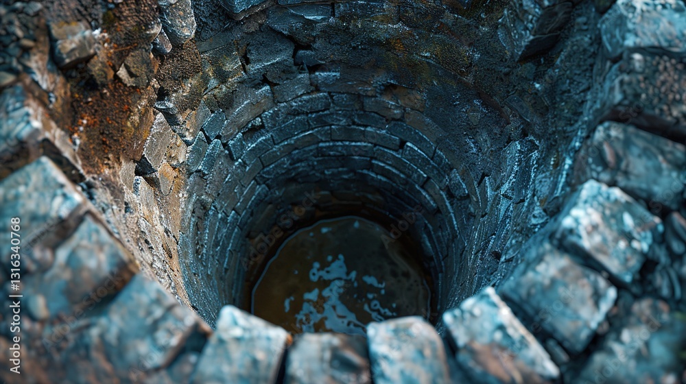An image of an empty water well, showing the dry bottom and worn sides.