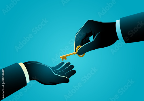 One businessman’s hand passing a golden key to another, representing successor, trust, and mentorship. Conveys themes of business transactions, real estate deals, and career growth