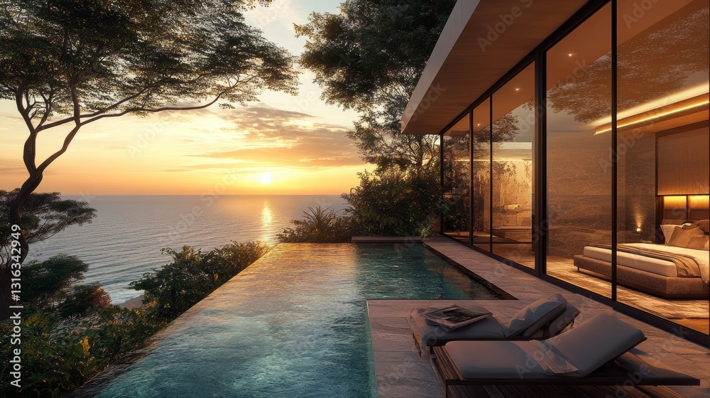 Fototapeta premium Luxury Bedroom in Villa with Glass Wall and Private Terrace Overlooking Infinity Pool