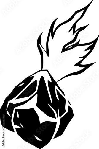 Meteor with fiery tail in monochrome black and white illustration art design